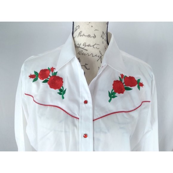 Country Charmers Ely western white embroidered red roses Snap Shirt women’s LRG - Picture 4 of 16